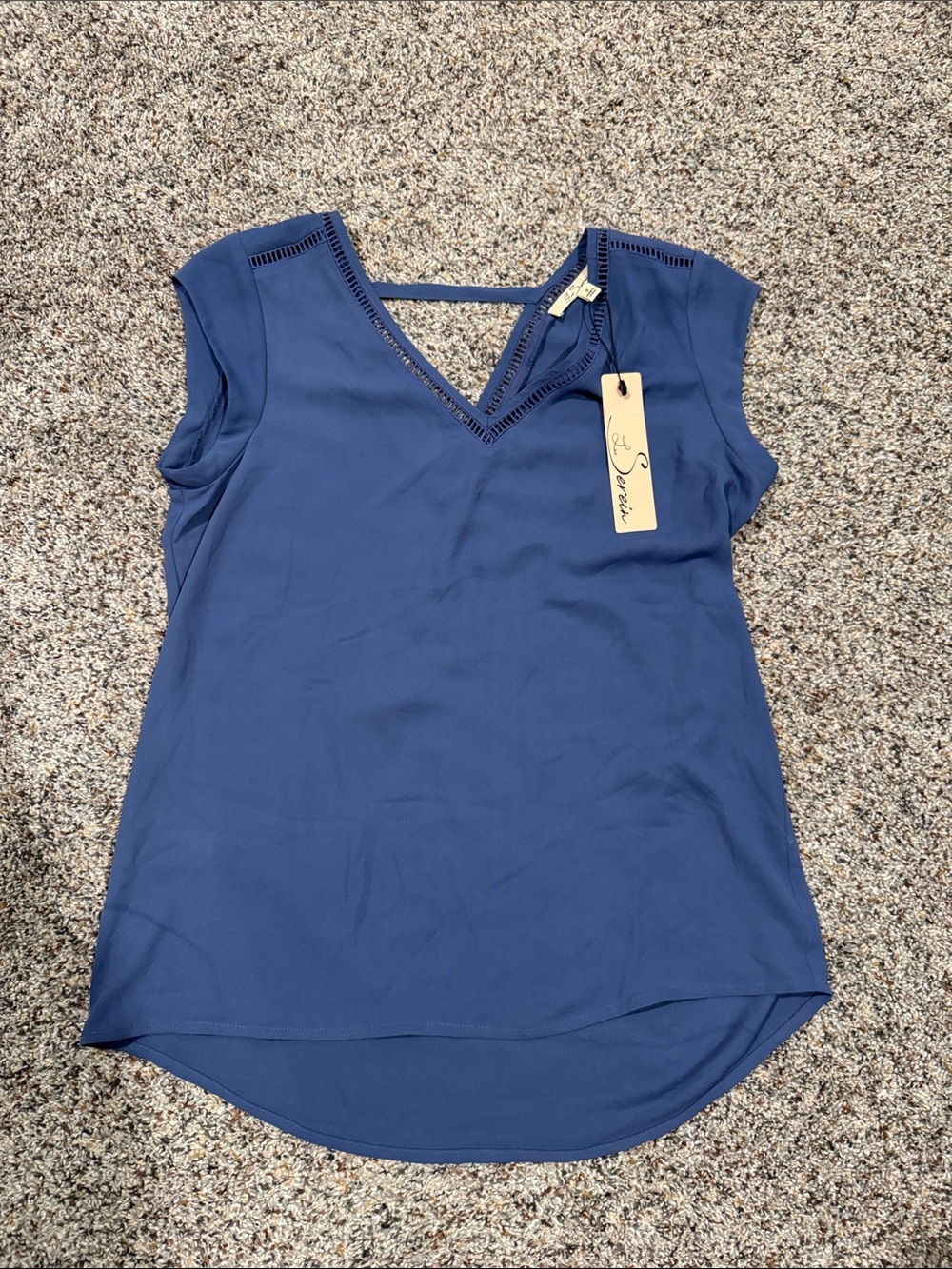 Les Serein Navy V-Neck Cap Sleeve Blouse